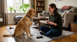 in-home dog training schedule being practiced in a living room