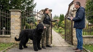Black Russian Terrier guard dog watching a visitor at the gate