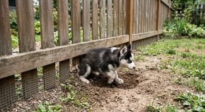 mini husky escaping under a fence