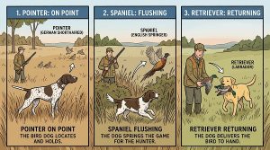 spaniel flushing, a retriever returning a dog bird