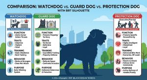 watchdog vs guard dog vs protection dog, with a BRT silhouette.