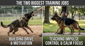 working line GSD on a tug and a show line GSD in a calm heel, captioned with the two biggest training jobs