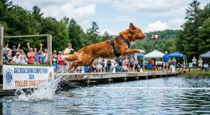Nova Scotia Duck Tolling Retriever: Pros & Cons 3 Toller dog competing in dock diving