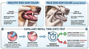 dog healthy gum color versus pale gum color, plus a gum-refill-time