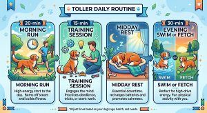 Nova Scotia Duck Tolling Retriever: Pros & Cons 4 infographic Toller daily routine showing a sample schedule 20-min morning run, 15-min training, midday rest, 30-min evening swim or fetch