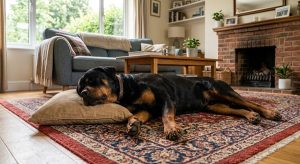 relaxed adult Rottweiler lying in a living room