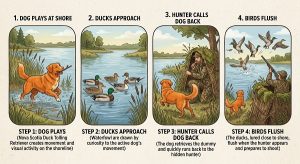 Nova Scotia Duck Tolling Retriever: Pros & Cons 2 tolling process dog plays, ducks approach, hunter calls dog back, birds flush